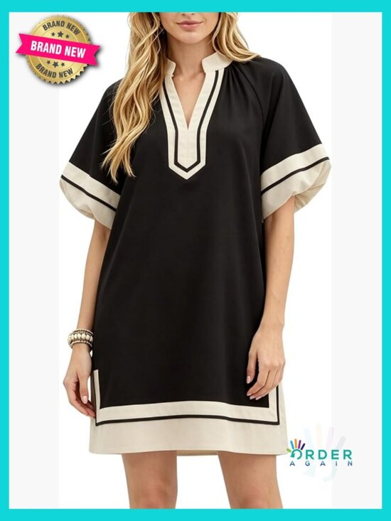 Dresses & Skirts - V-Neck Puff Sleeve Mini Dress Color Block Pullover Casual Chic Summer Wear